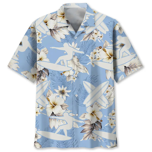 Floral Surfing White Hawaiian Shirt For Island Vacations, Resort Wear, And Relaxed Seasonal Style