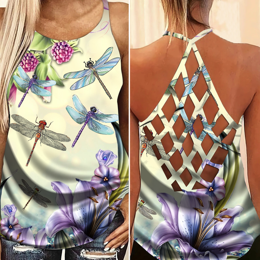Dragonfly Sky Freedom Hollow Tank Top For Studio Sessions And Floral Style