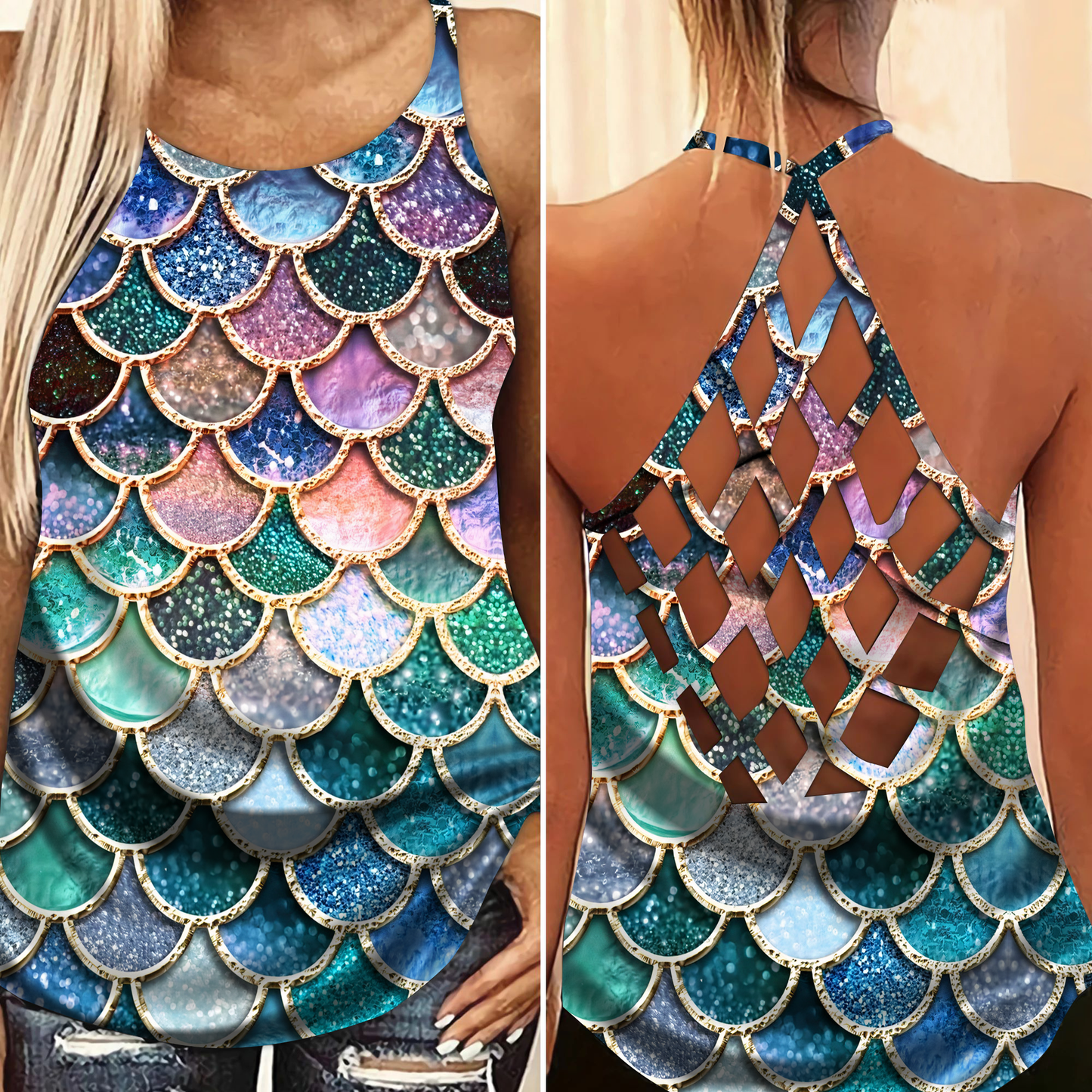 Mermaid Color Bling Hollow Tank Top For Coastal Travel And Summer Outings