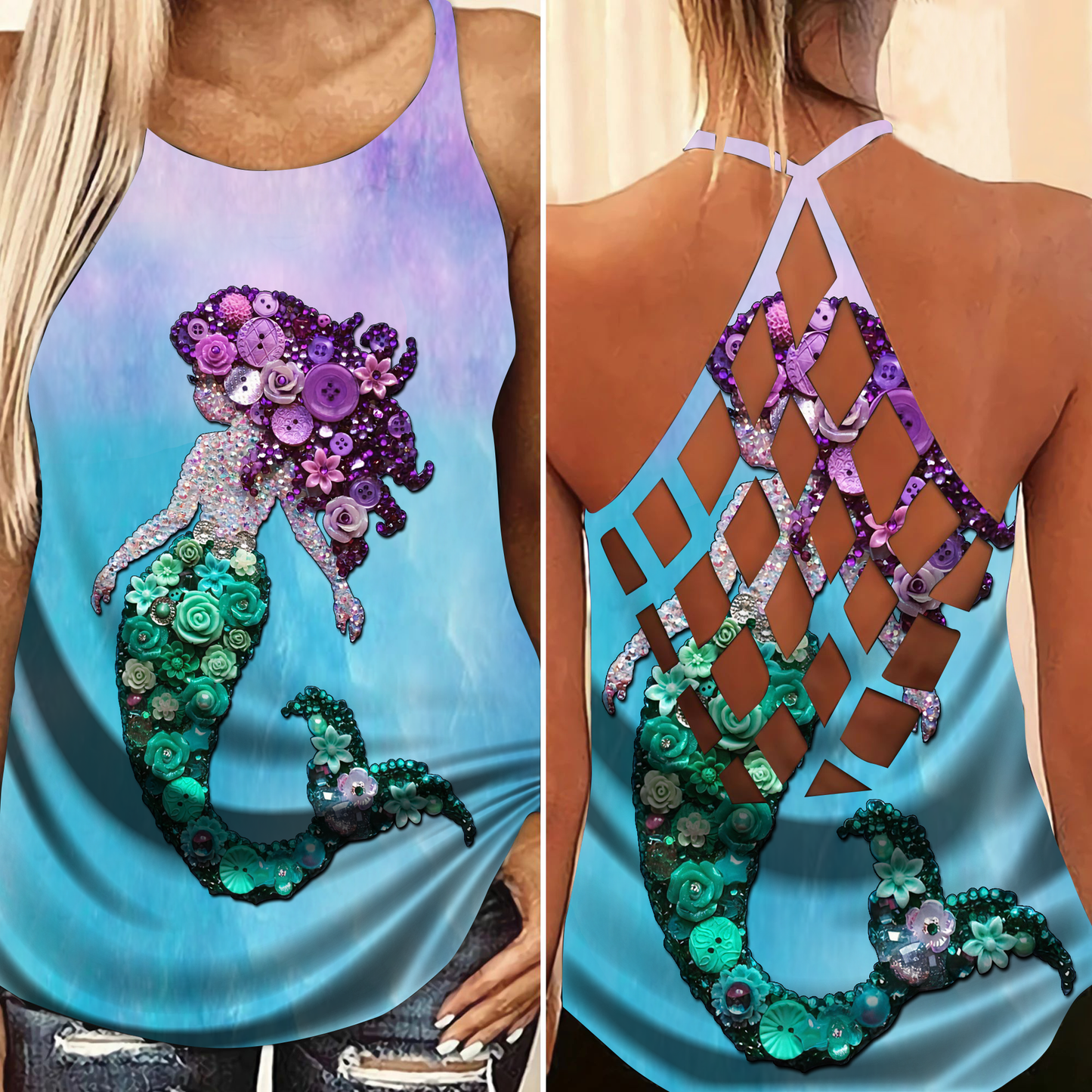 Mermaid Princess Ocean Hollow Tank Top For Coastal Travel And Summer Outings