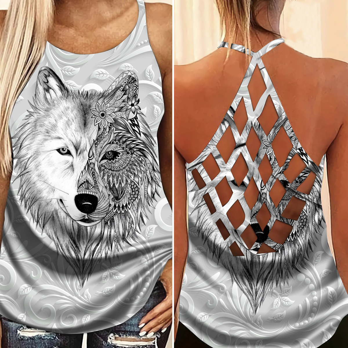 Native Wolf Black White Hollow Tank Top For Yoga Workouts And Casual Wear