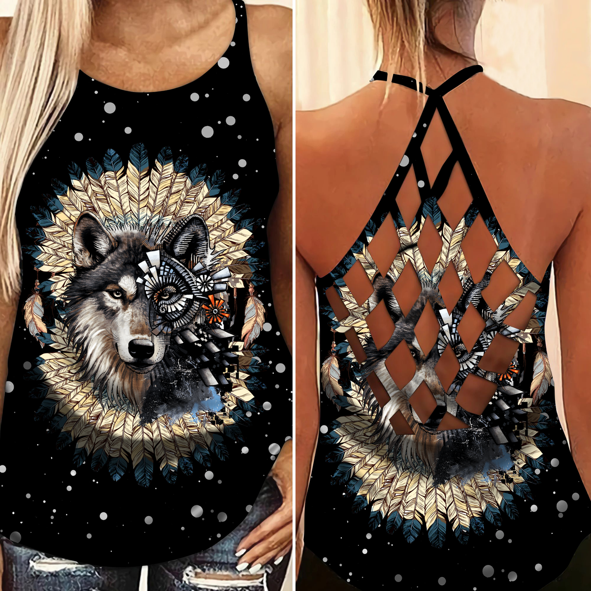 Native Wolf Dreamer Black Hollow Tank Top For Fitness Activities And Relaxed Style
