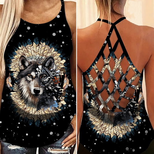 Native Wolf Dreamer Black Hollow Tank Top For Fitness Activities And Relaxed Style