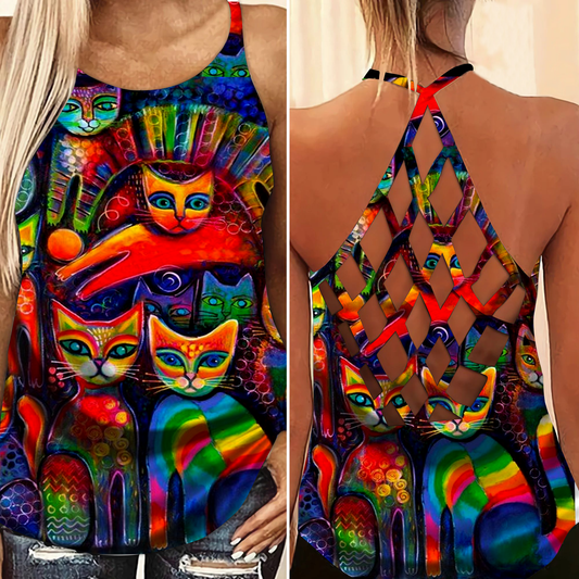 Rainbow Cats Love Colors Hollow Tank Top For Yoga Workouts And Casual Wear