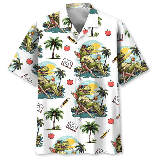 Teacher Tropical Dinosaur Hawaiian Shirt For Outdoor Event, Poolside Gathering, And Comfortable Travel Wear