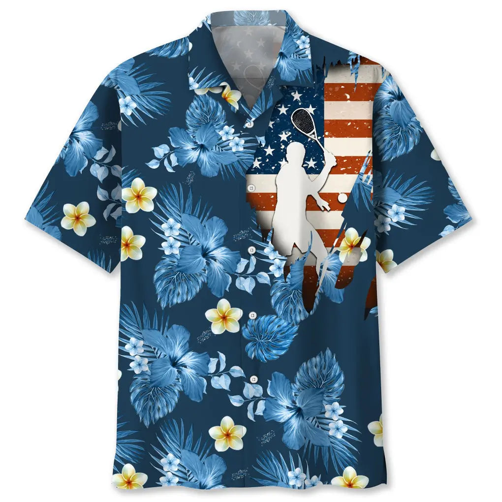 American Tropical Tennis Blue Hawaiian Shirt For Patriotic Events, Summer Travel, And Casual Outdoor Wear