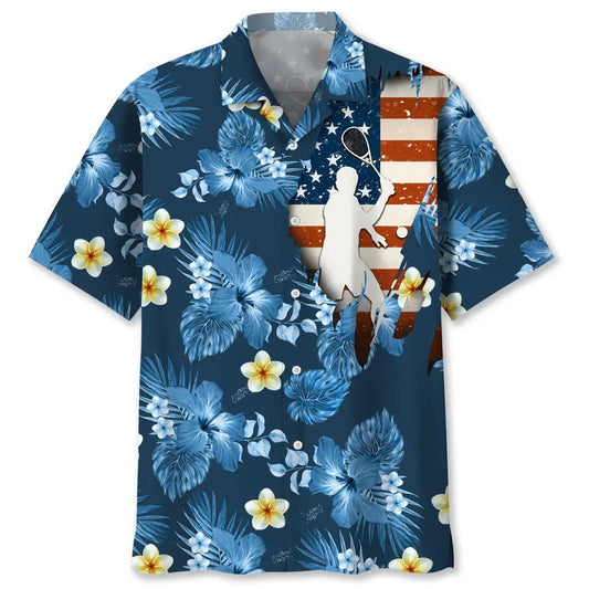 American Tropical Tennis Blue Hawaiian Shirt For Patriotic Events, Summer Travel, And Casual Outdoor Wear