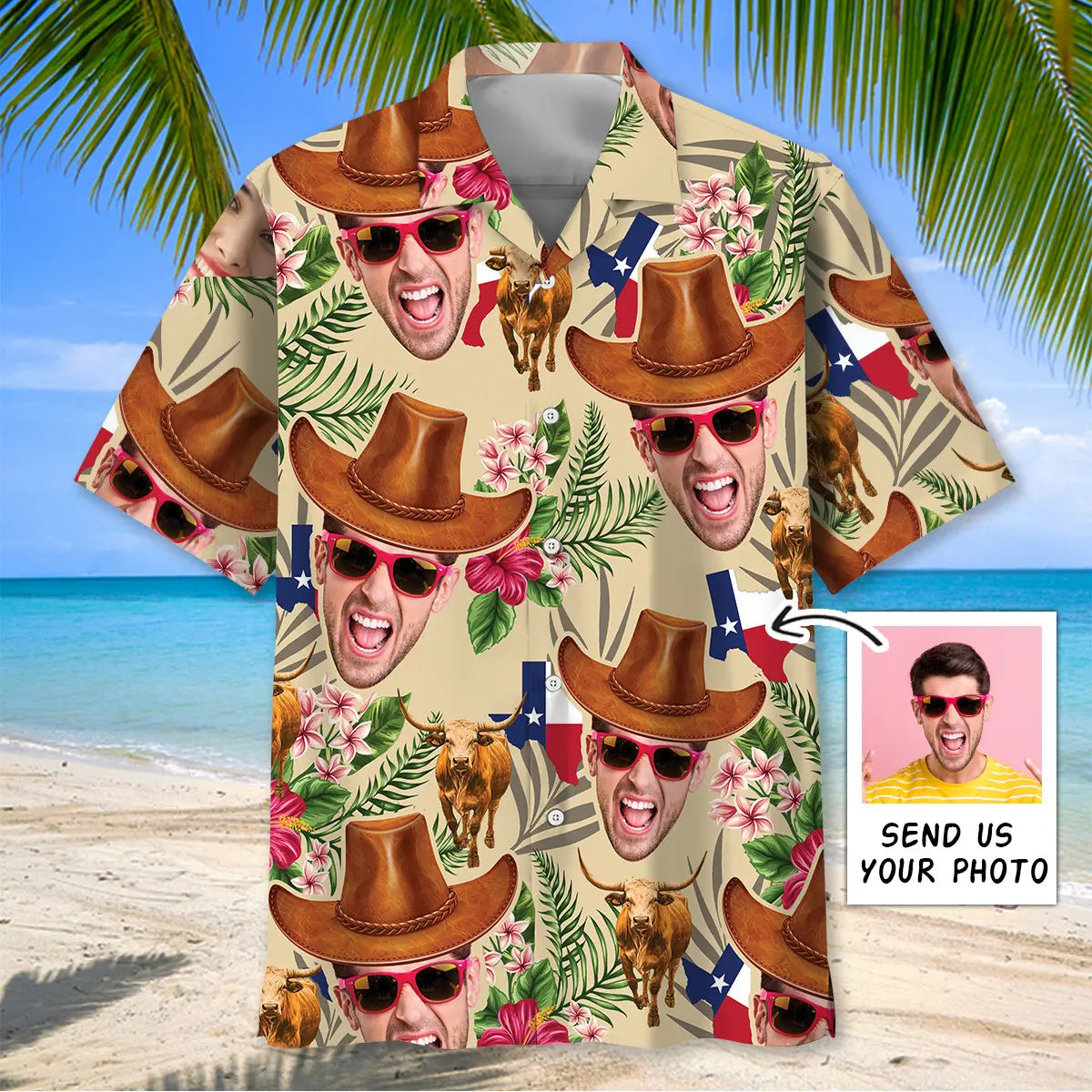 Texas Cowboy Personalized Photo Hawaiian Shirt For Coastal Travel, Casual Events, And Comfortable Summer Wear