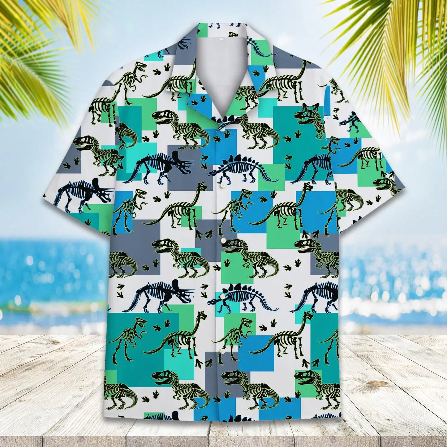 Island Dinosaur Rex Bones Aloha Hawaiian Shirt For Summer Vacation, Beach Travel, And Casual Wear