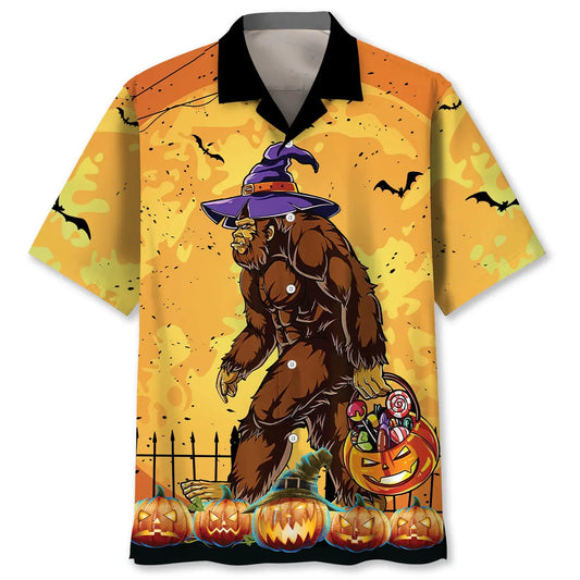 Halloween Human Costume Bigfoot Hawaiian Shirt For Autumn Gatherings, Coastal Outings, And Playful Holiday Style