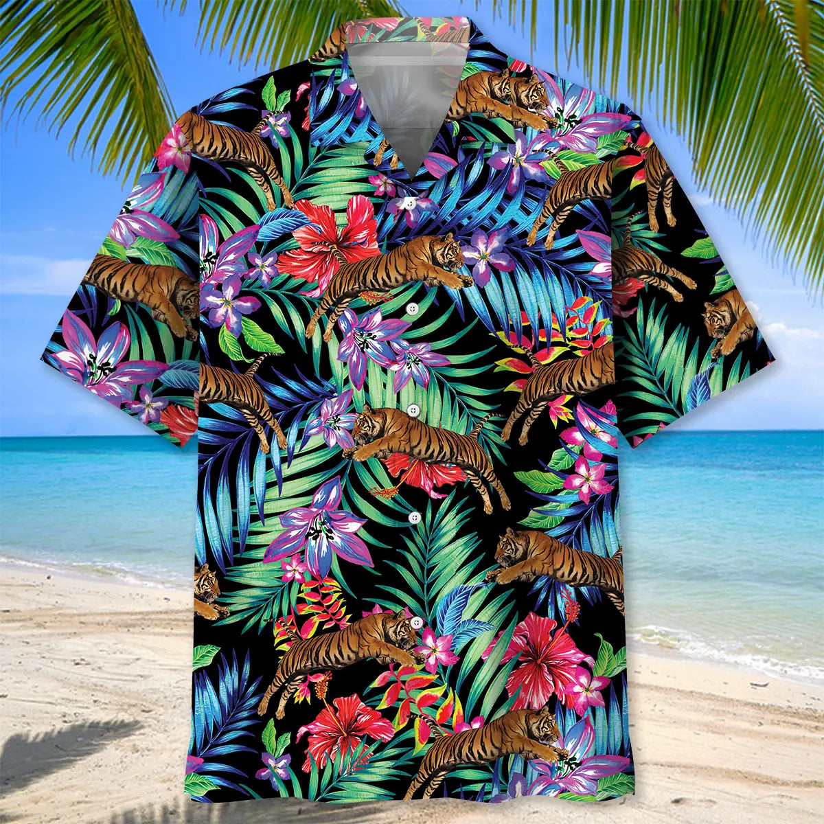 Tropical Tiger Hawaiian Shirt For Summer Vacation, Beach Travel, And Casual Wear