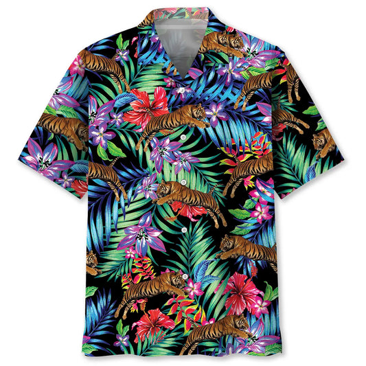 Tropical Tiger Hawaiian Shirt For Summer Vacation, Beach Travel, And Casual Wear