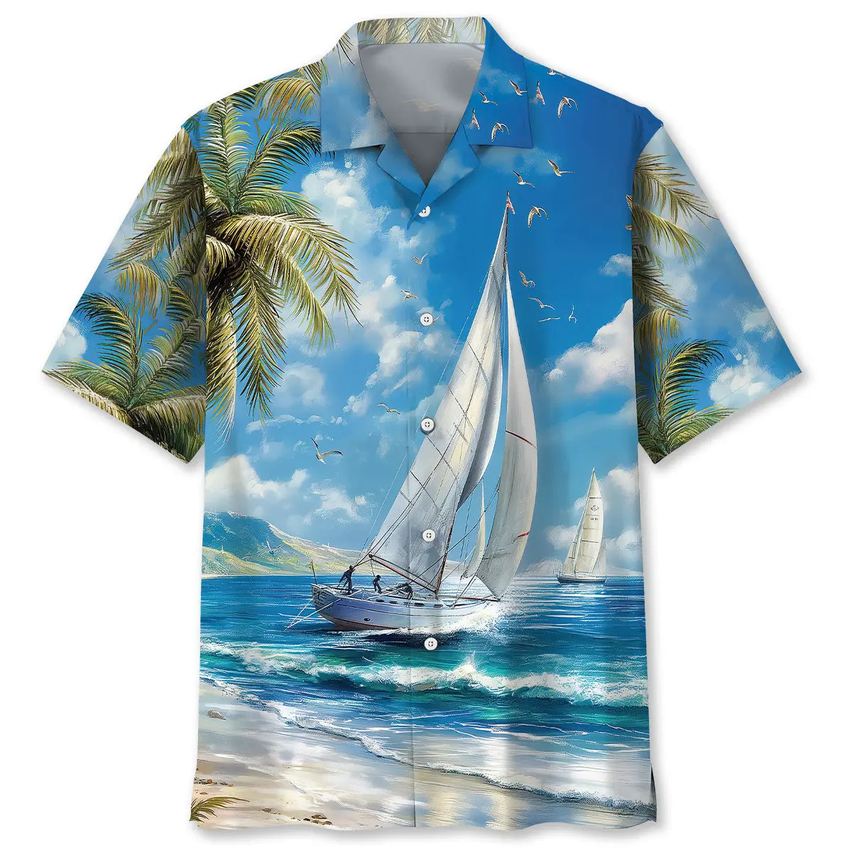 Vintage Tranquil Sailboat Hawaiian Shirt For Summer Vacation, Beach Travel, And Casual Wear