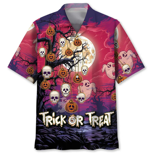 Halloween Trick Treat Hawaiian Shirt For Spooky Events, Resort Travel, And Creative Warm Weather Wear
