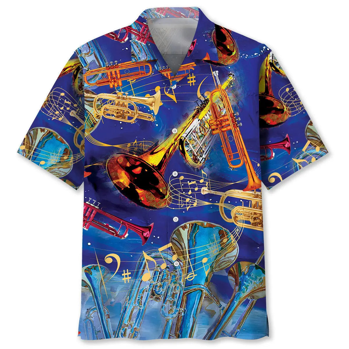 Tropical Blue Trumpet Hawaiian Shirt For Summer Vacation, Beach Travel, And Casual Wear