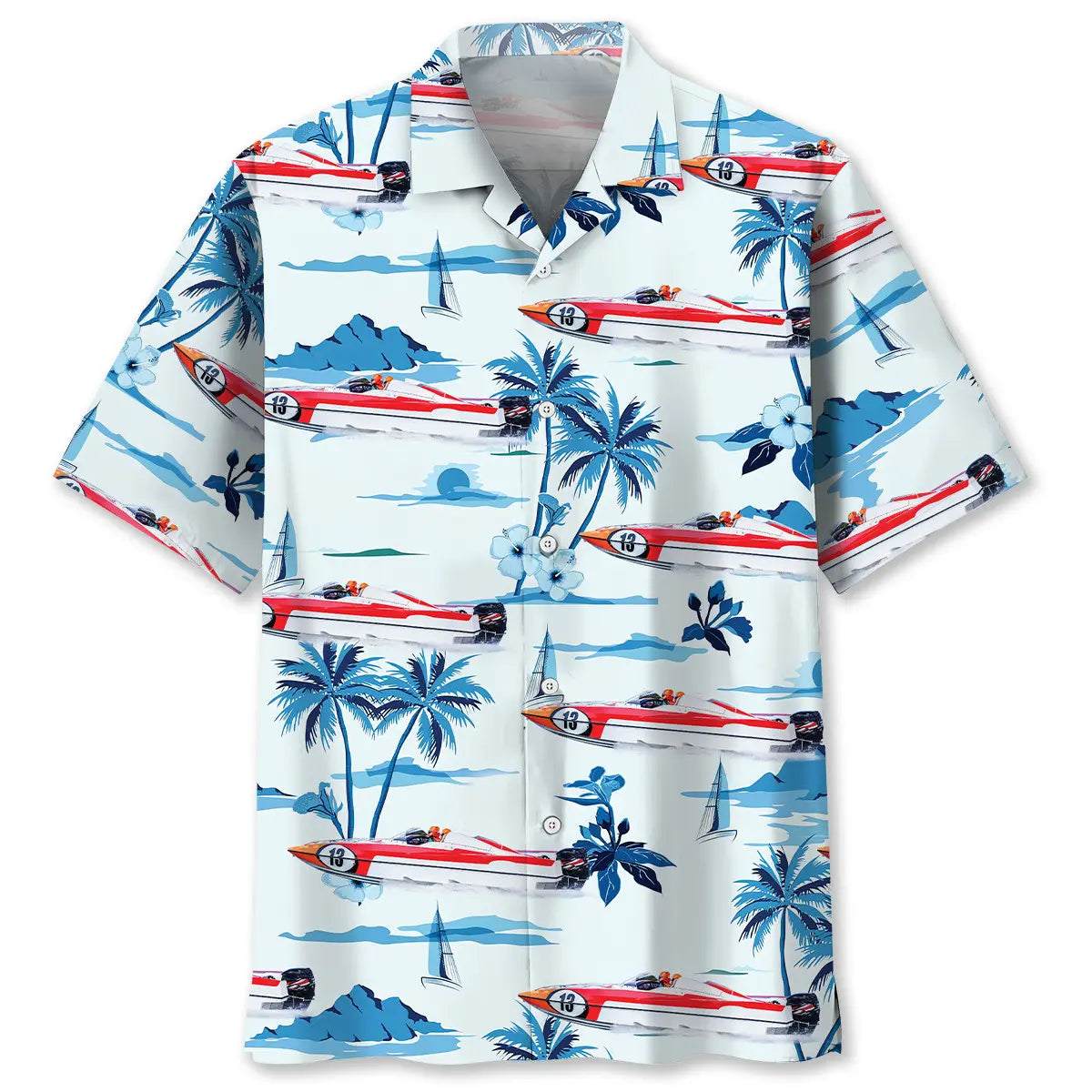 Tropical Boat Racing Hawaiian Shirt For Resort Escape, Poolside Gathering, And Comfortable Travel Wear
