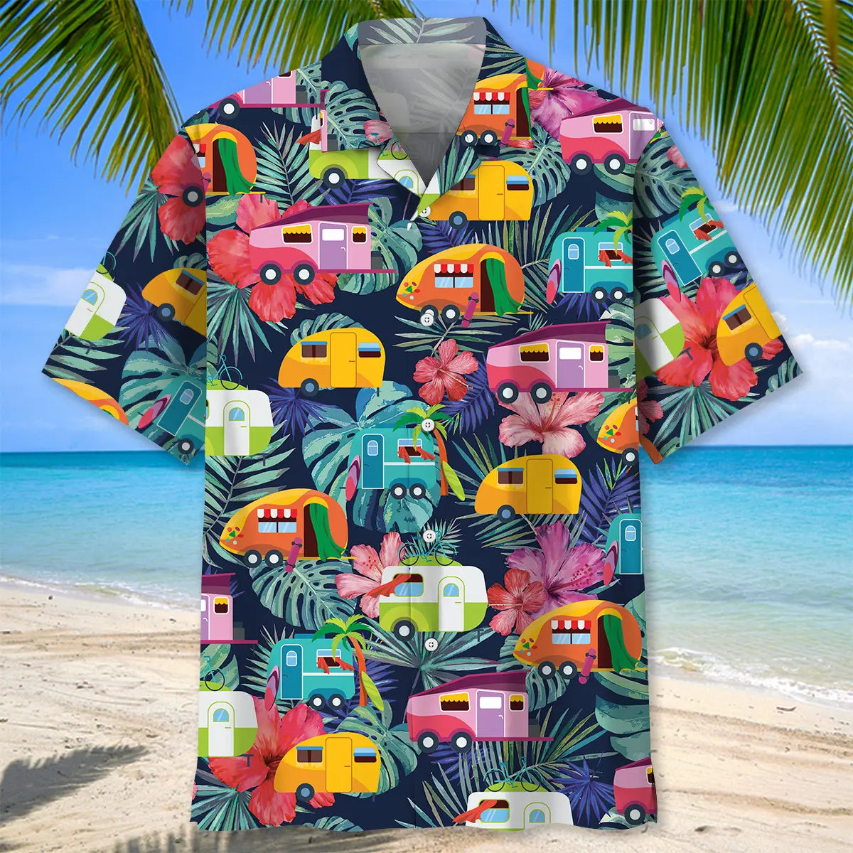 Colorful Tropical Camping Hawaiian Shirt For Hobby Lovers, Coastal Trips, And Relaxed Everyday Wear