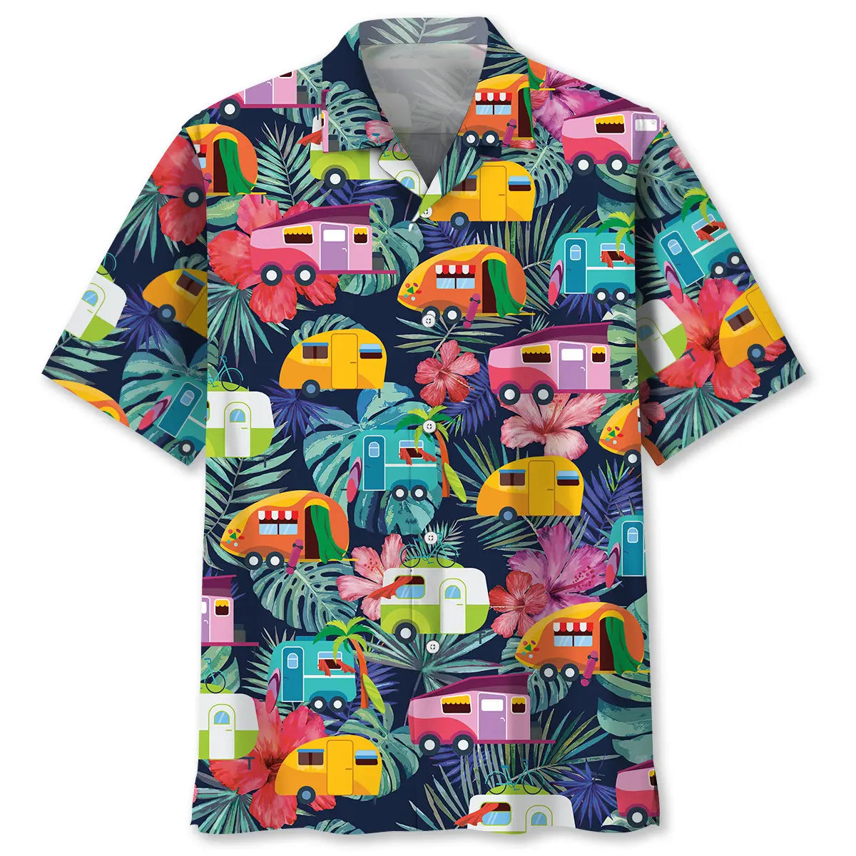 Colorful Tropical Camping Hawaiian Shirt For Hobby Lovers, Coastal Trips, And Relaxed Everyday Wear