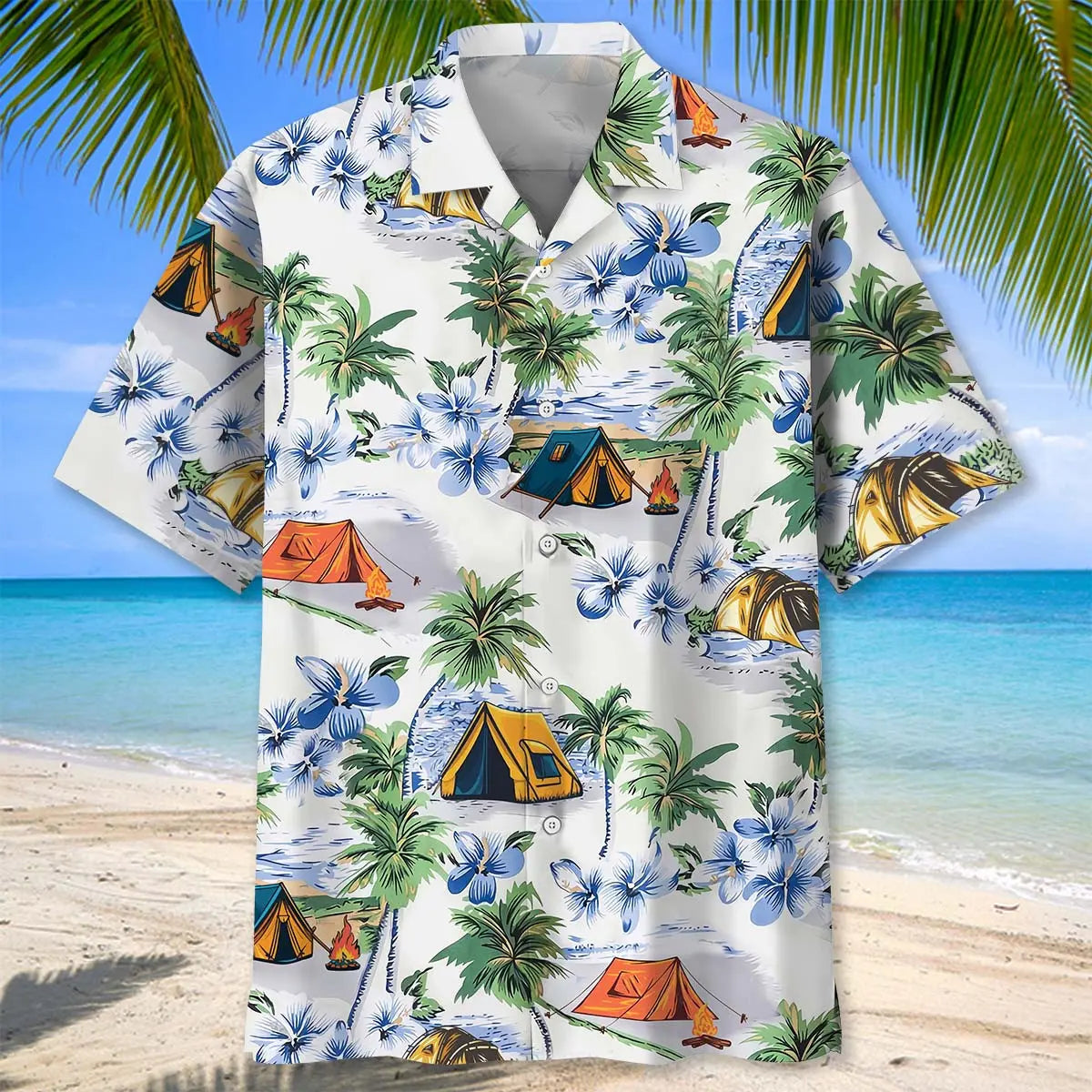 Tropical Camping Hawaiian Shirt For Resort Trips, Coastal Parties, And Warm Weather Style