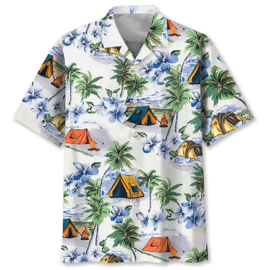 Tropical Camping Hawaiian Shirt For Resort Trips, Coastal Parties, And Warm Weather Style