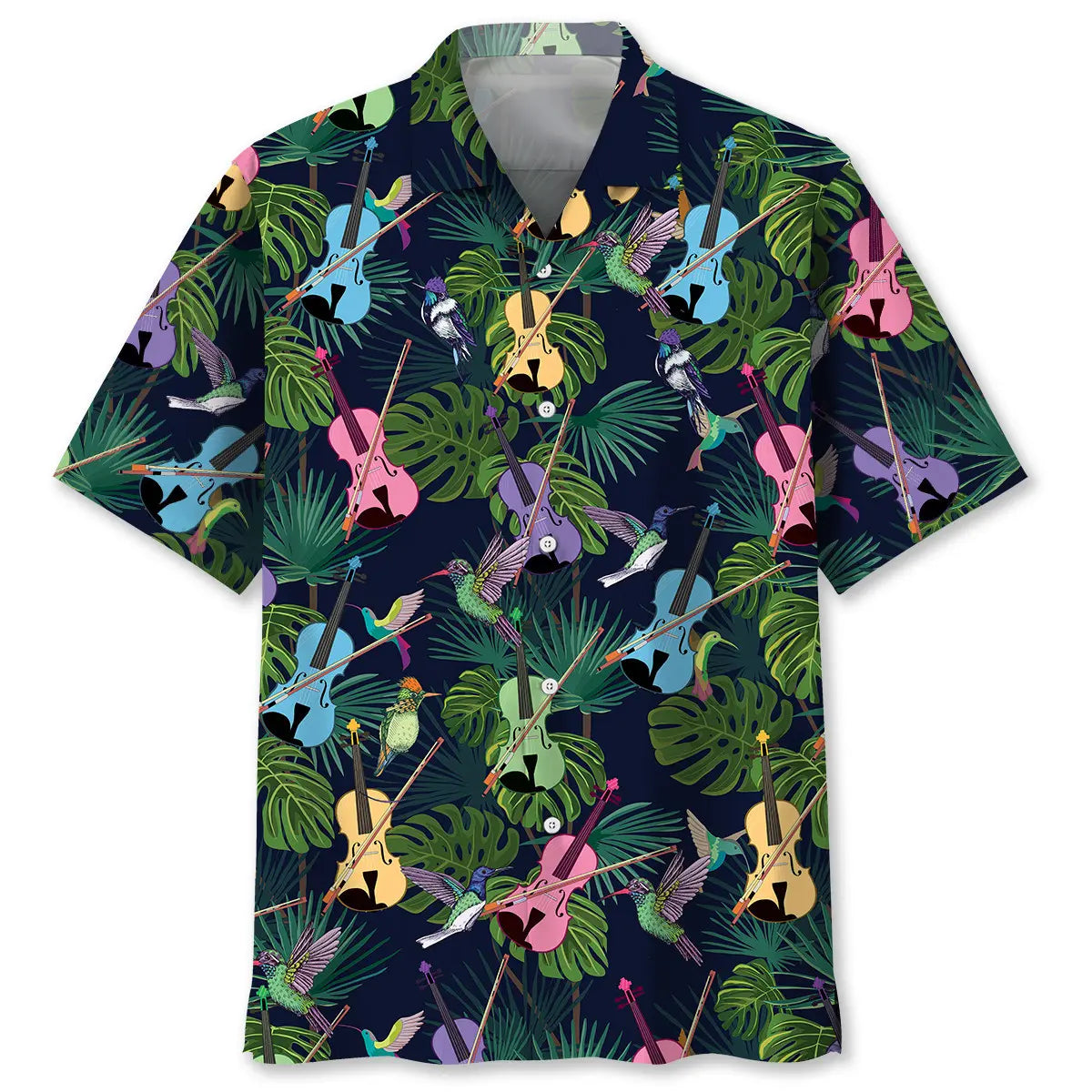 Colorful Tropical Violin Hawaiian Shirt For Resort Trips, Coastal Parties, And Warm Weather Style