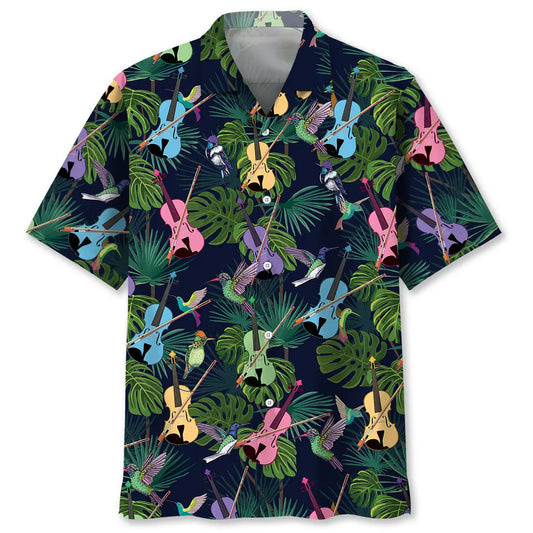 Colorful Tropical Violin Hawaiian Shirt For Resort Trips, Coastal Parties, And Warm Weather Style