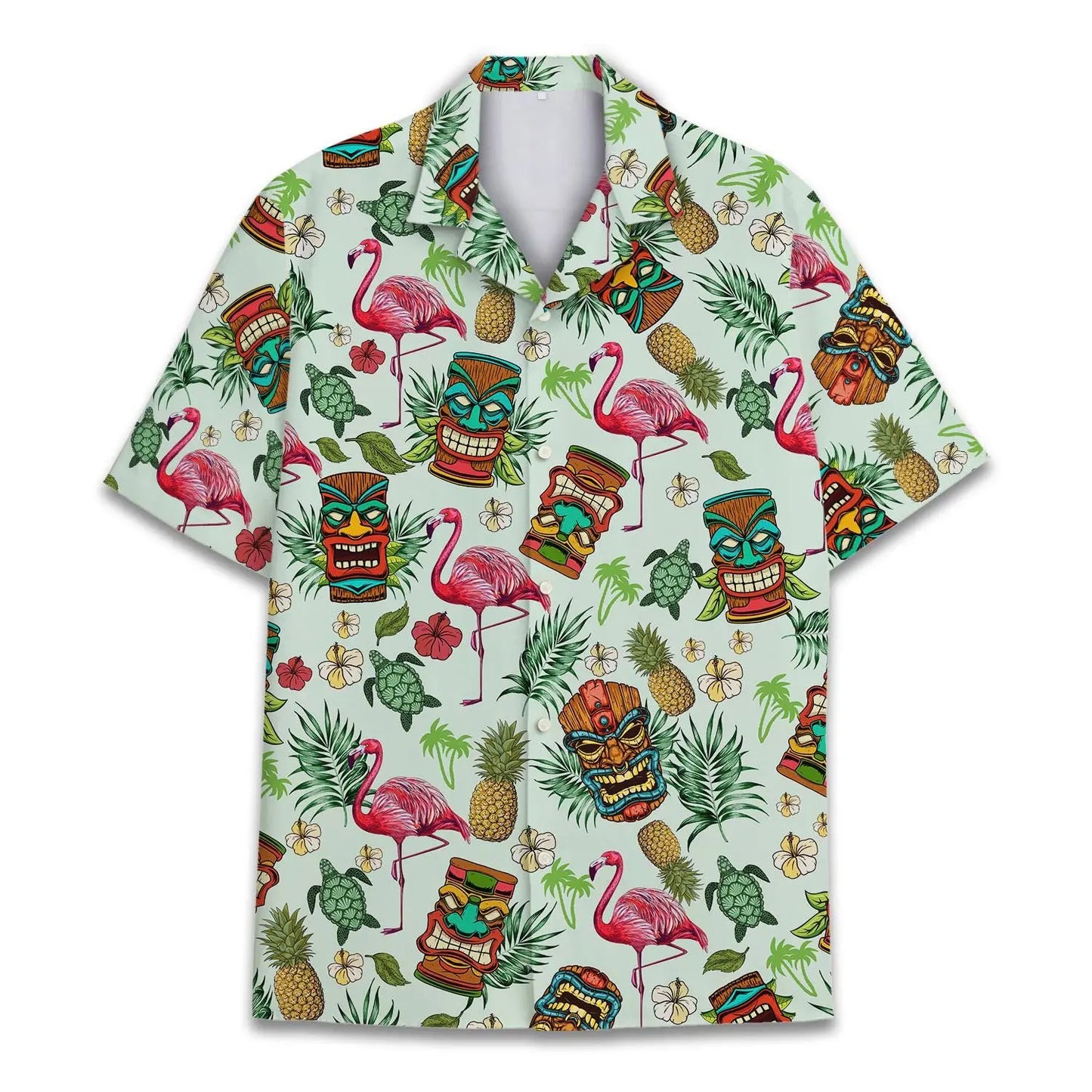 Tropical Island Tiki Flamingo Aloha Hawaiian Shirt For Tropical Holidays, Outdoor Gatherings, And Everyday Comfort