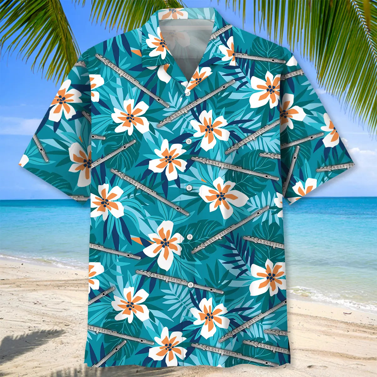 Tropical Flute Hawaiian Shirt For Summer Vacation, Beach Travel, And Casual Wear