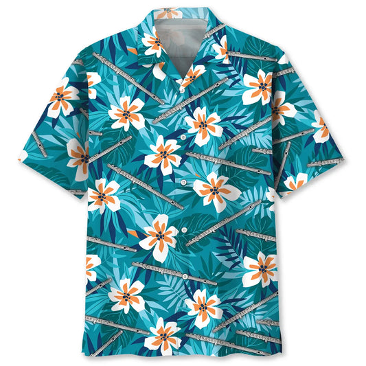 Tropical Flute Hawaiian Shirt For Summer Vacation, Beach Travel, And Casual Wear