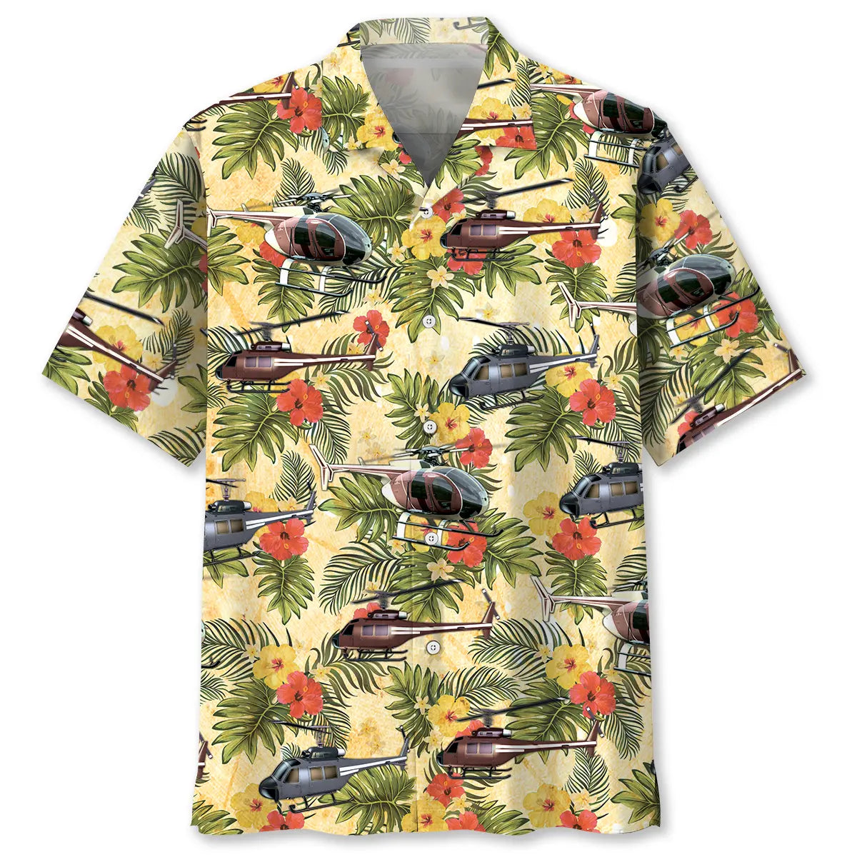 Tropical Helicopter Hawaiian Shirt For Resort Trips, Coastal Parties, And Warm Weather Style