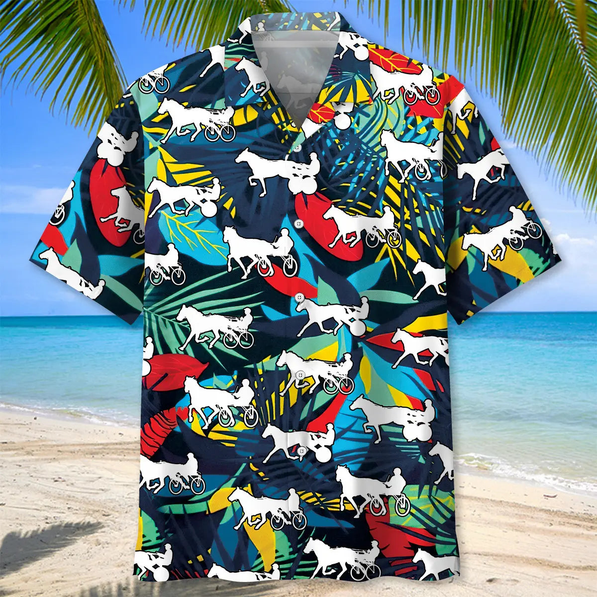 Tropical Horse Harness Racing Hawaiian Shirt For Coastal Travel, Casual Events, And Comfortable Summer Wear