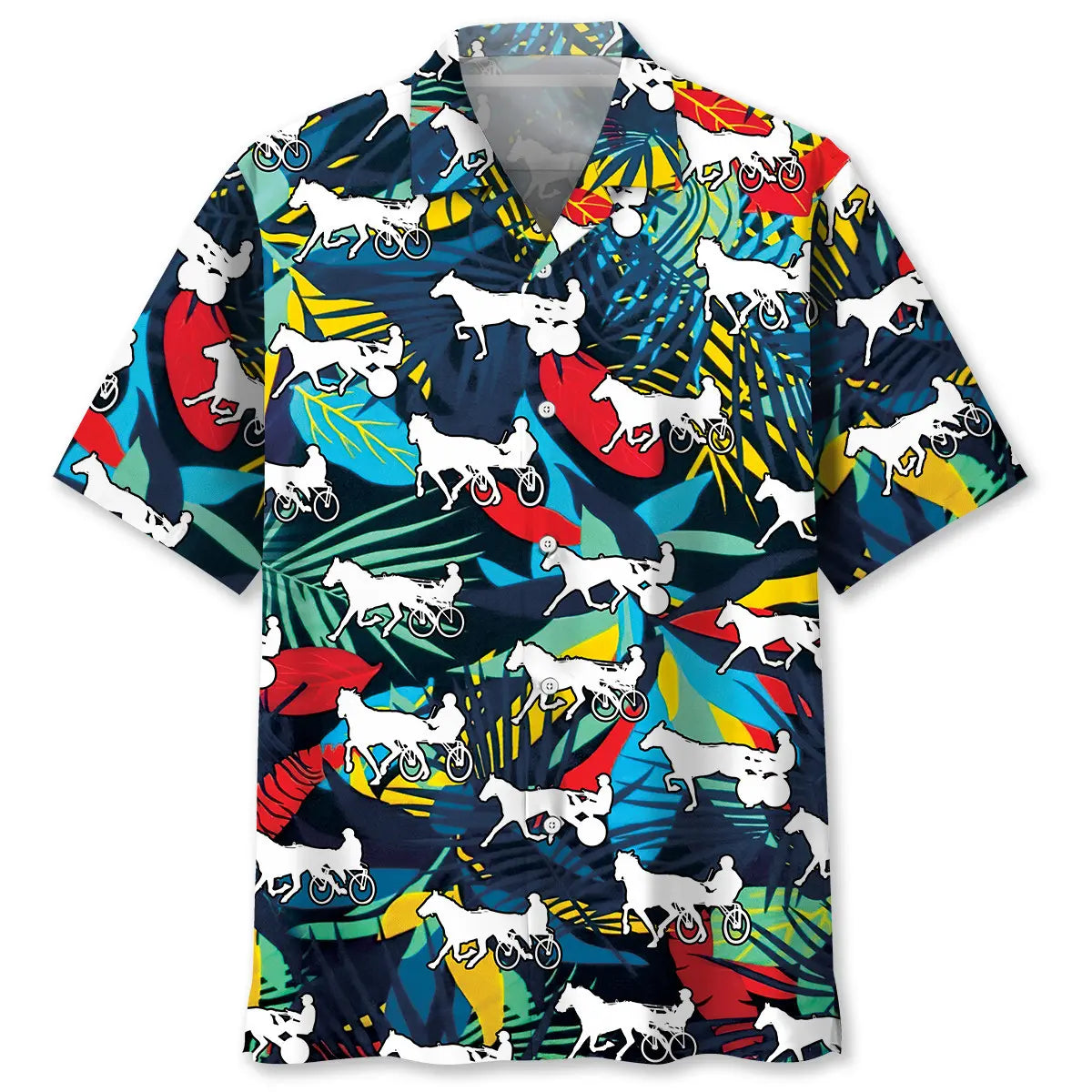 Tropical Horse Harness Racing Hawaiian Shirt For Coastal Travel, Casual Events, And Comfortable Summer Wear