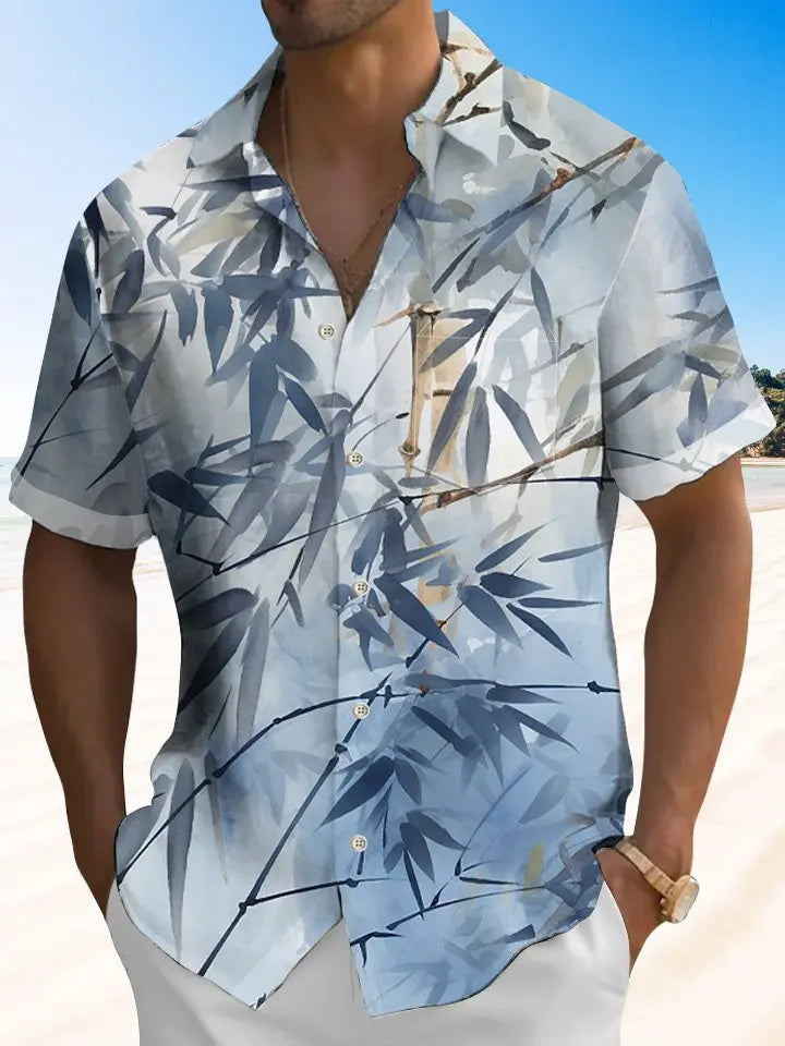 Tropical Plant Bamboo Ink Smudged Hawaiian Shirt For Coastal Travel, Casual Events, And Comfortable Summer Wear