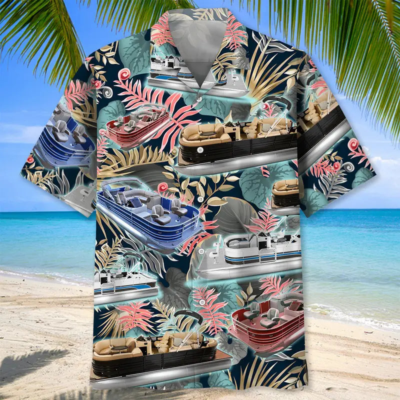 Tropical Pontoon Boat Hawaiian Shirt For Beachside Event, Beach Travel, And Weekend Wear