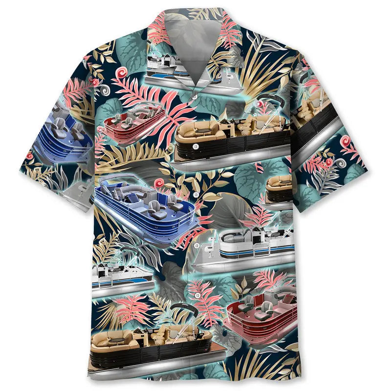 Tropical Pontoon Boat Hawaiian Shirt For Coastal Festival And Casual Wear