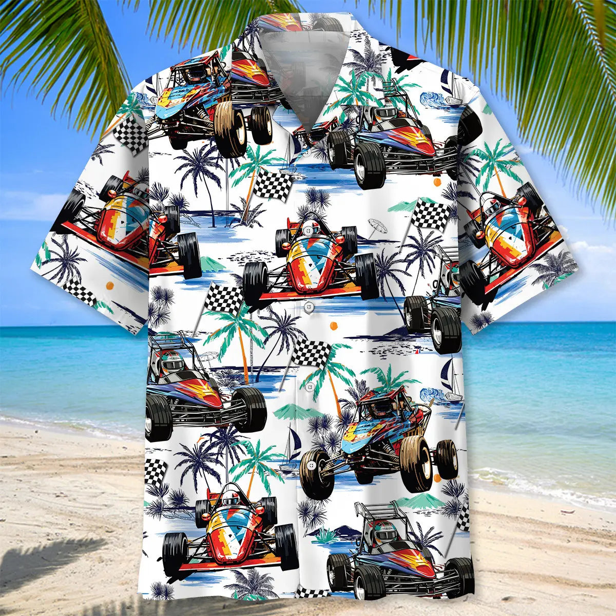 Tropical Quarter Midget Race Car Hawaiian Shirt For Summer Vacation, Beach Travel, And Casual Wear