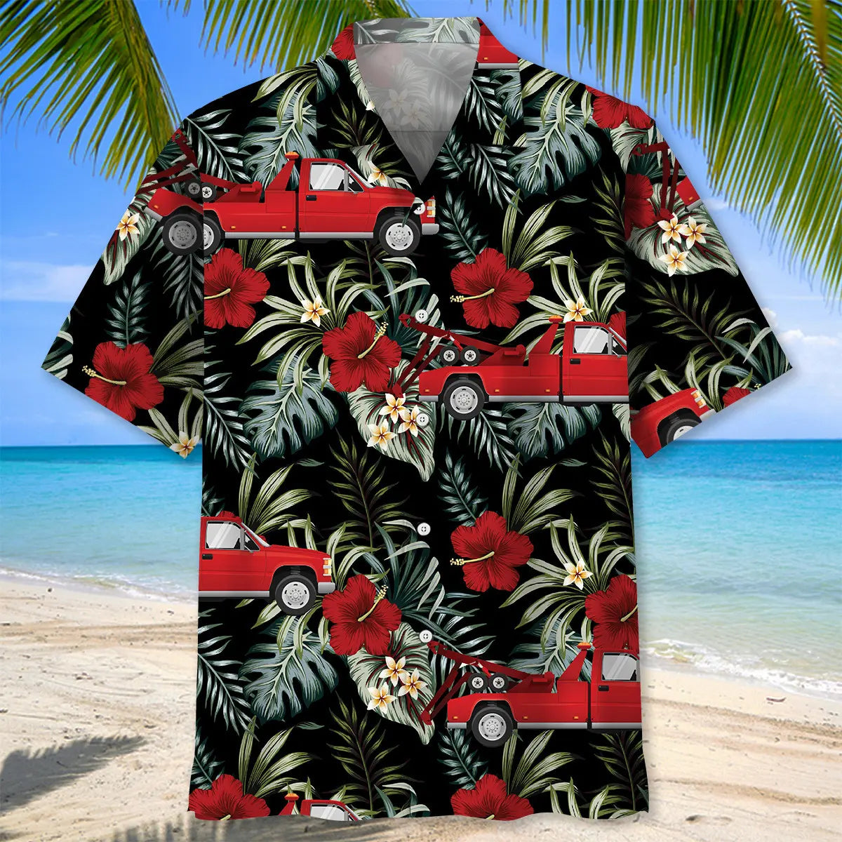 Tropical Red Tow Truck Hawaiian Shirt For Vacation Cruise And Island Inspired Style