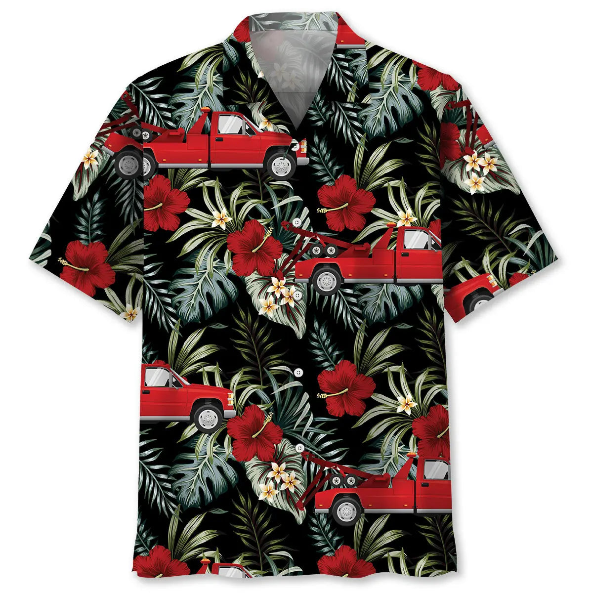 Tropical Red Tow Truck Hawaiian Shirt For Tropical Retreat And Travel Ready Style