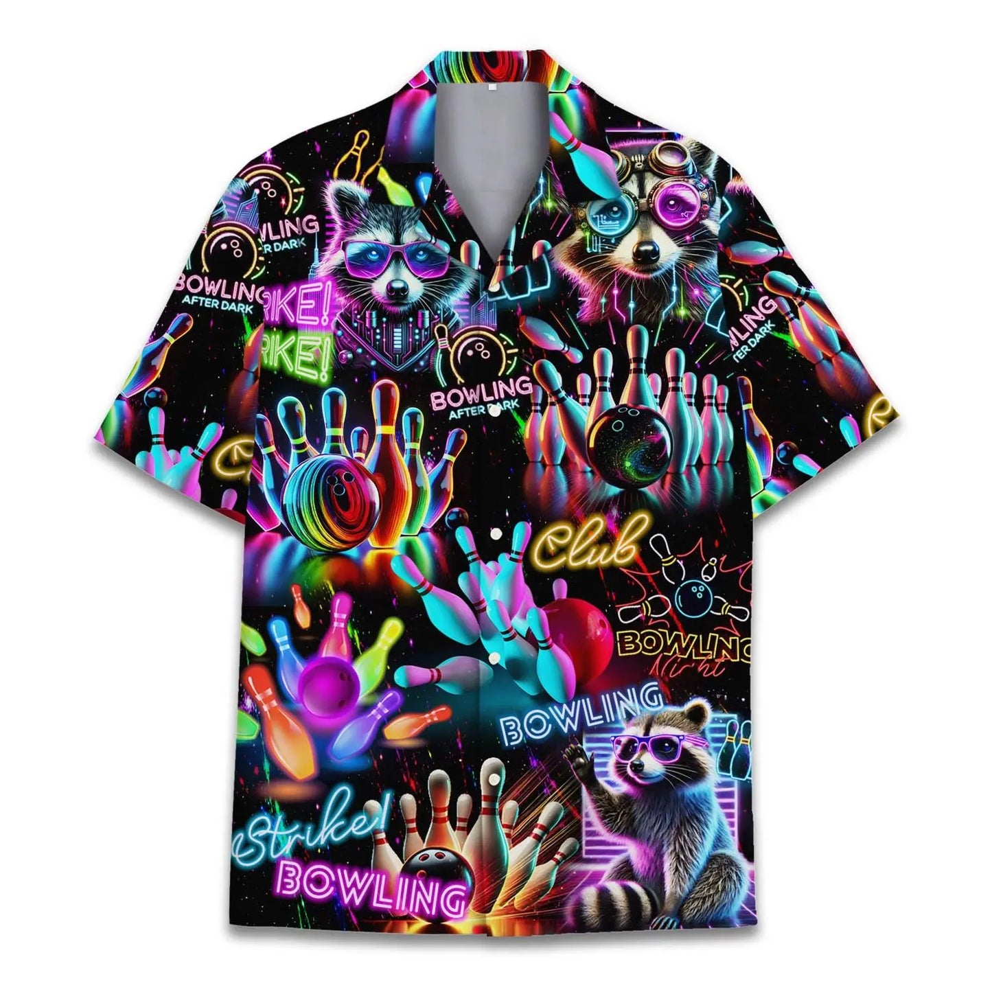 Neon Island Bowling Raccoon Aloha Hawaiian Shirt For Sports Fans, Summer Outings, And Relaxed Vacation Wear