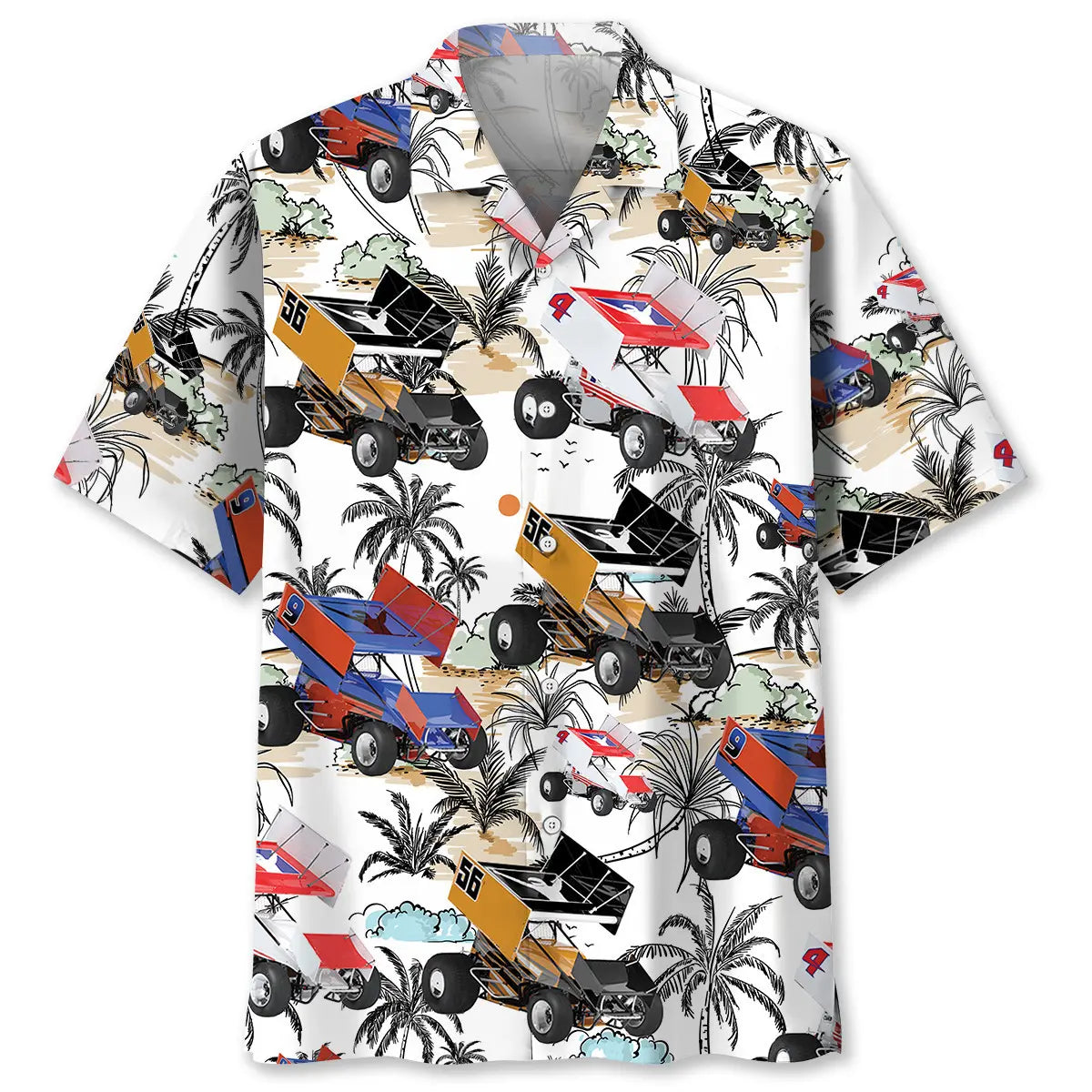 Tropical Sprint Car Racing Hawaiian Shirt For Casual Weekend, Outdoor Event, And Summer Party Style