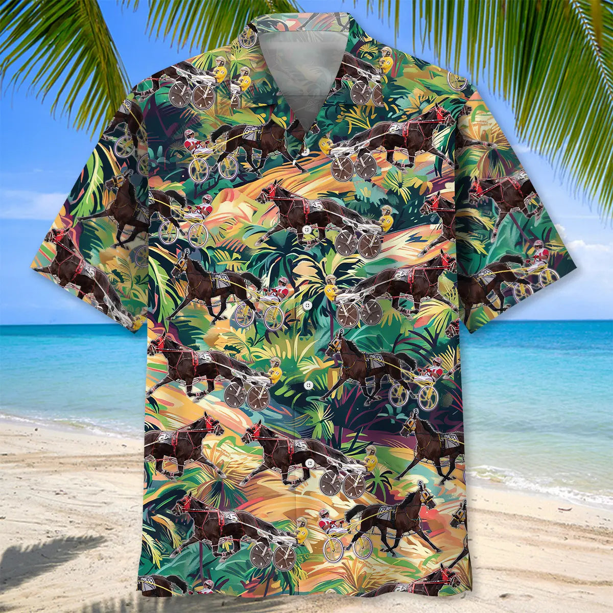 Tropical Terrain Horse Harness Racing Hawaiian Shirt For Resort Trips, Coastal Parties, And Warm Weather Style