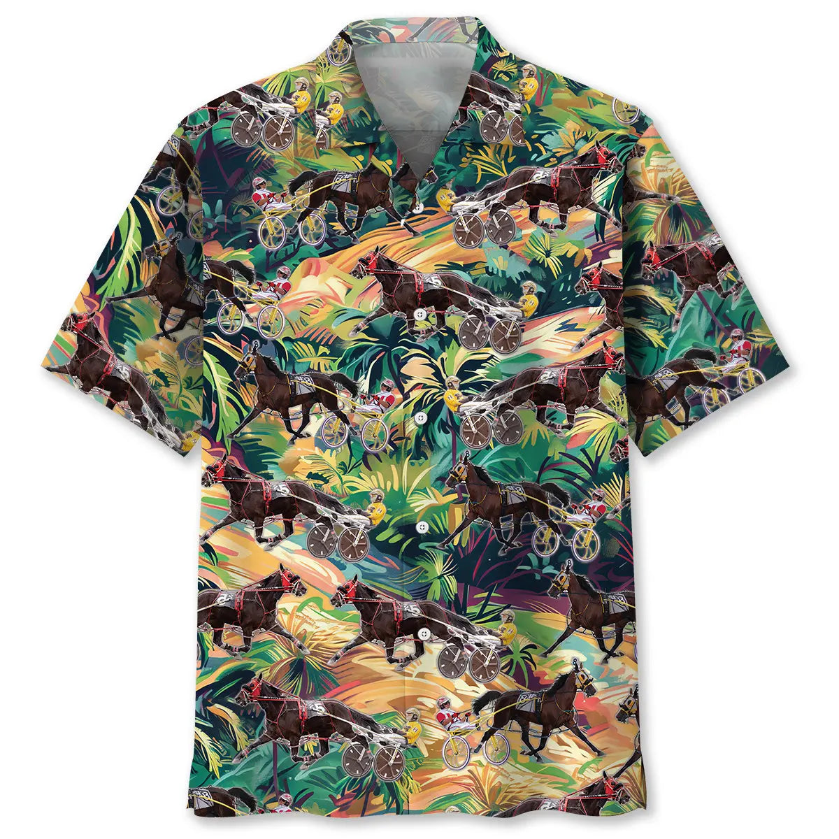 Tropical Terrain Horse Harness Racing Hawaiian Shirt For Resort Trips, Coastal Parties, And Warm Weather Style
