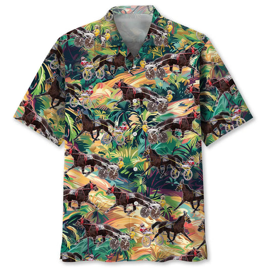 Tropical Terrain Horse Harness Racing Hawaiian Shirt For Resort Trips, Coastal Parties, And Warm Weather Style