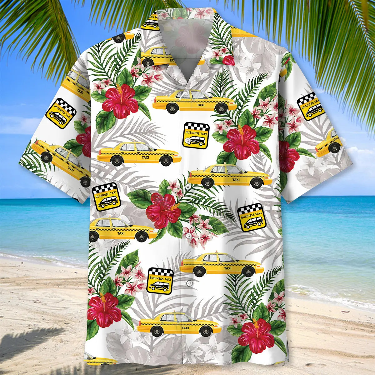 Tropical Yellow Taxi Car Hawaiian Shirt For Summer Vacation, Beach Travel, And Casual Wear