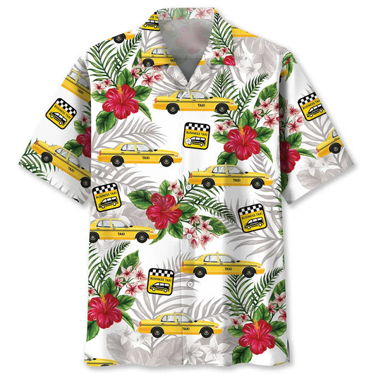 Tropical Yellow Taxi Car Hawaiian Shirt For Summer Vacation, Beach Travel, And Casual Wear