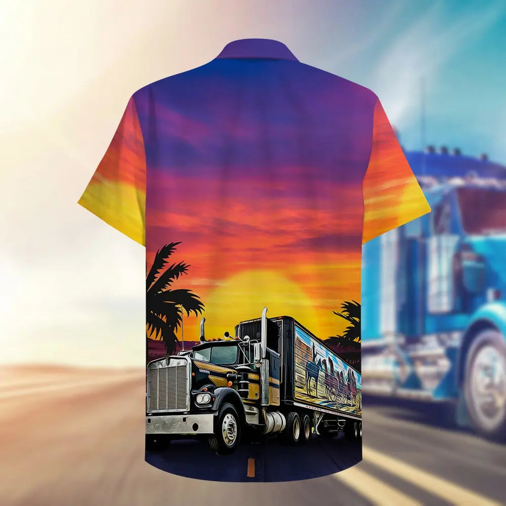 Island Trucker Haul Trucking Adventure Aloha Hawaiian Shirt For Summer Vacation, Beach Travel, And Casual Wear