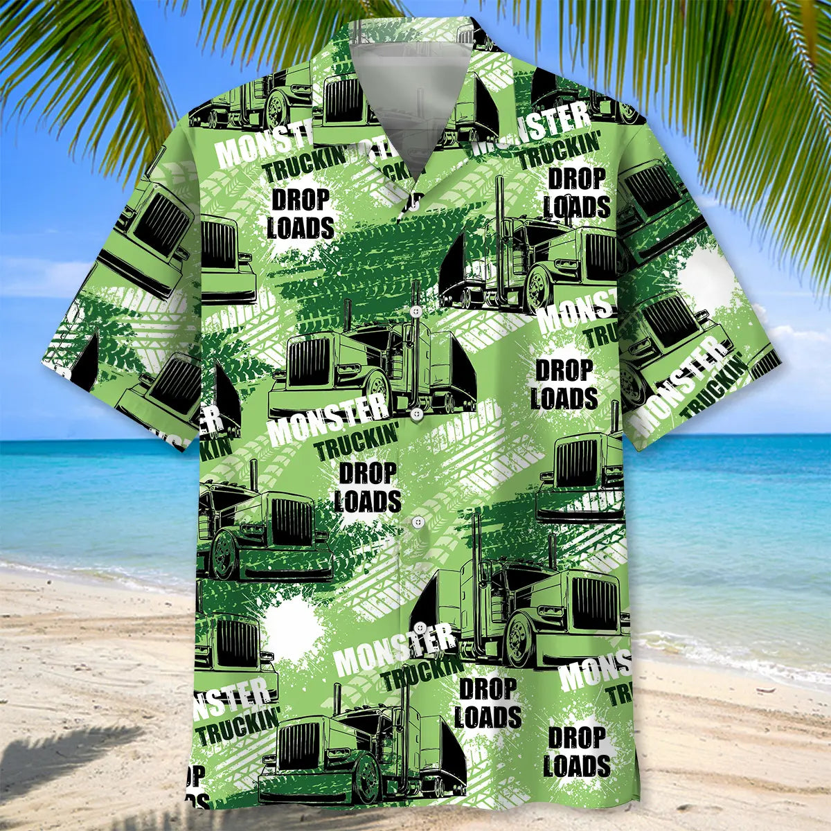Trucker Green Hawaiian Shirt For Summer Vacation, Beach Travel, And Casual Wear