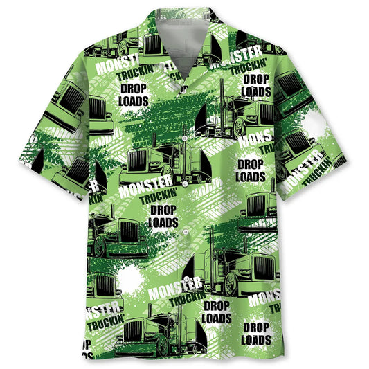 Trucker Green Hawaiian Shirt For Summer Vacation, Beach Travel, And Casual Wear