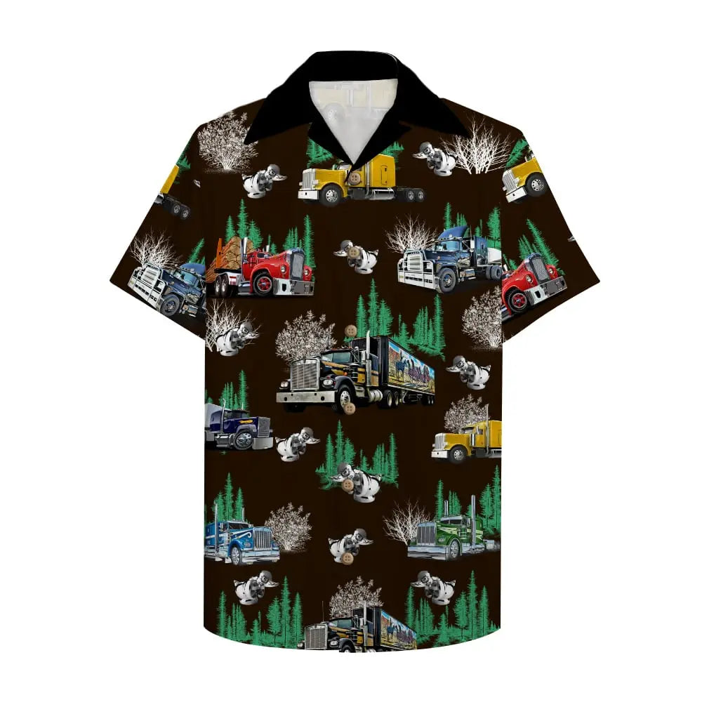 Island Trucker Aloha Semitruck Hawaiian Shirt For Coastal Travel, Casual Events, And Comfortable Summer Wear