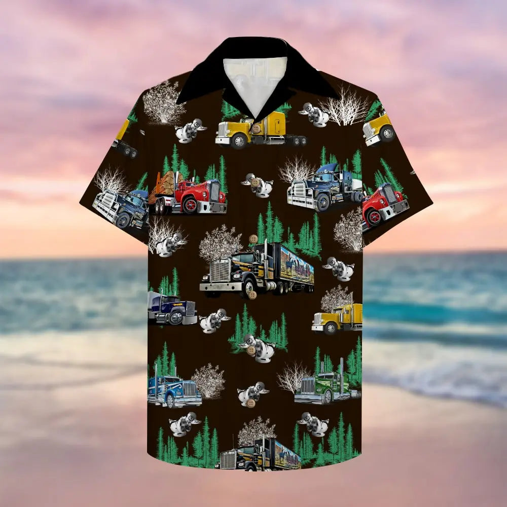 Island Trucker Aloha Semitruck Hawaiian Shirt For Coastal Travel, Casual Events, And Comfortable Summer Wear